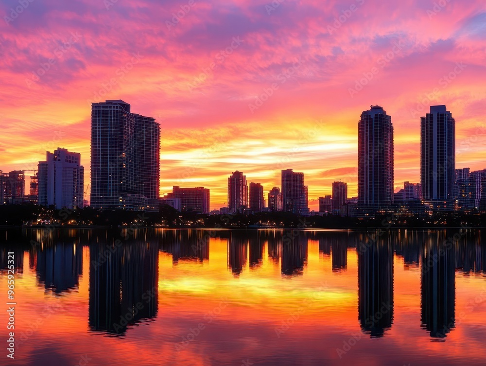 Fototapeta premium breathtaking cityscape silhouette at golden hour towering skyscrapers bathed in warm orange light dramatic sky with vibrant hues of pink and purple reflections in calm water foreground
