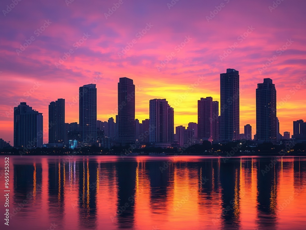 breathtaking cityscape silhouette at golden hour towering skyscrapers bathed in warm orange light dramatic sky with vibrant hues of pink and purple reflections in calm water foreground breathtaking cityscape silhouette at golden hour towering skyscrapers bathed in warm orange light dramatic sky with vibrant hues of pink and purple reflections in calm water foreground
