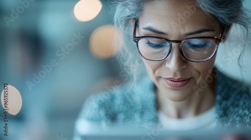 An elderly woman with glasses focuses on reading content on a digital device, showcasing her engagement with technology and the serene environment around her. photo