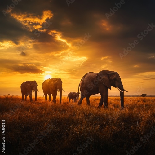 Elephants walking in African savanna at sunset.