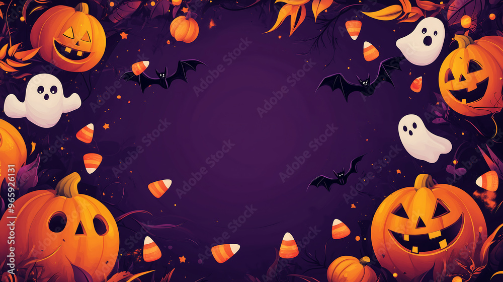 A festive Halloween-themed background featuring carved pumpkins, flying ghosts, black bats, and candy corn scattered across a dark purple backdrop. A festive Halloween-themed background featuring carved pumpkins, flying ghosts, black bats, and candy corn scattered across a dark purple backdrop.