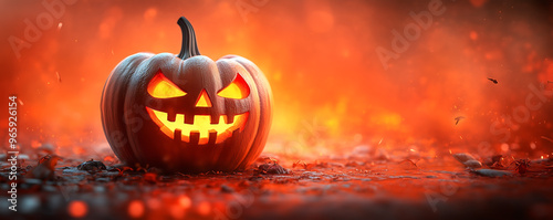 A sinister Jack-o'-lantern with glowing eyes and a sharp grin, set against a vibrant orange background, evoking Halloween. photo