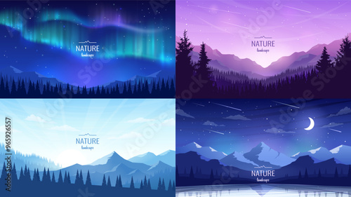 A set of night landscapes. The moon in the dark sky above the mountain ranges, sunrise, silhouettes of fir trees, aurora borealis. Design for tourist banners, business cards, greeting cards.