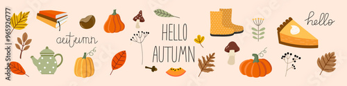 Hello autumn, set of autumn leaves. Elements for comfort and decor.  Pumpkin harvest, cute collection of fallen leaves. Lettering inscription. Vector