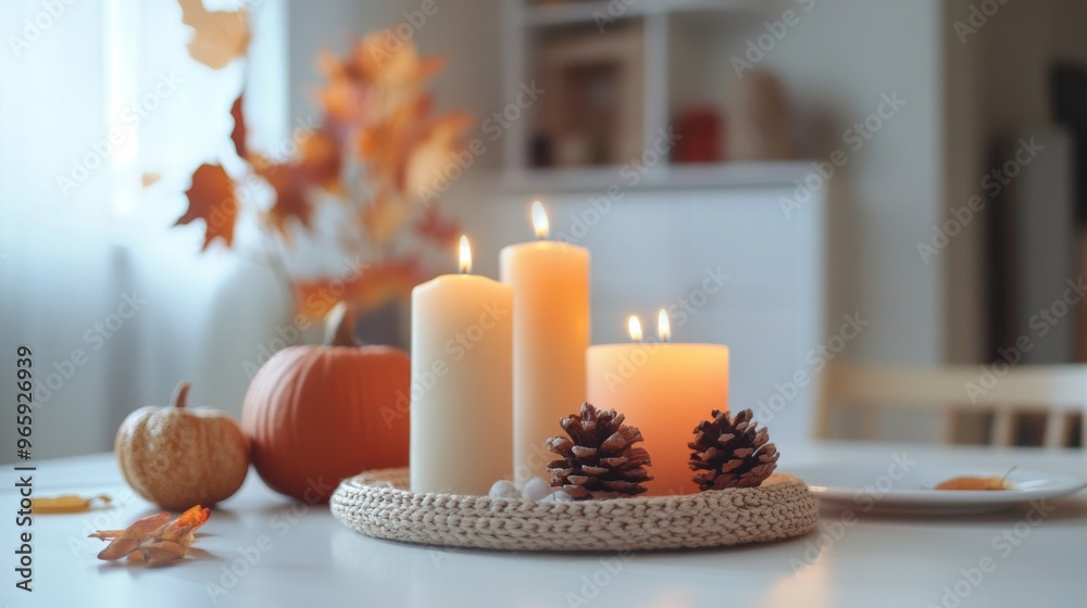 burning candles with autumn decor on white table at home burning candles with autumn decor on white table at home