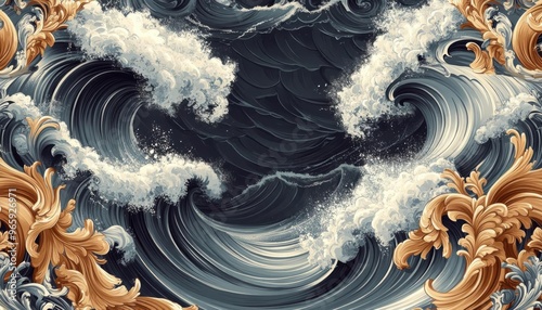 Ornate baroque designs combined with flowing wave patterns photo