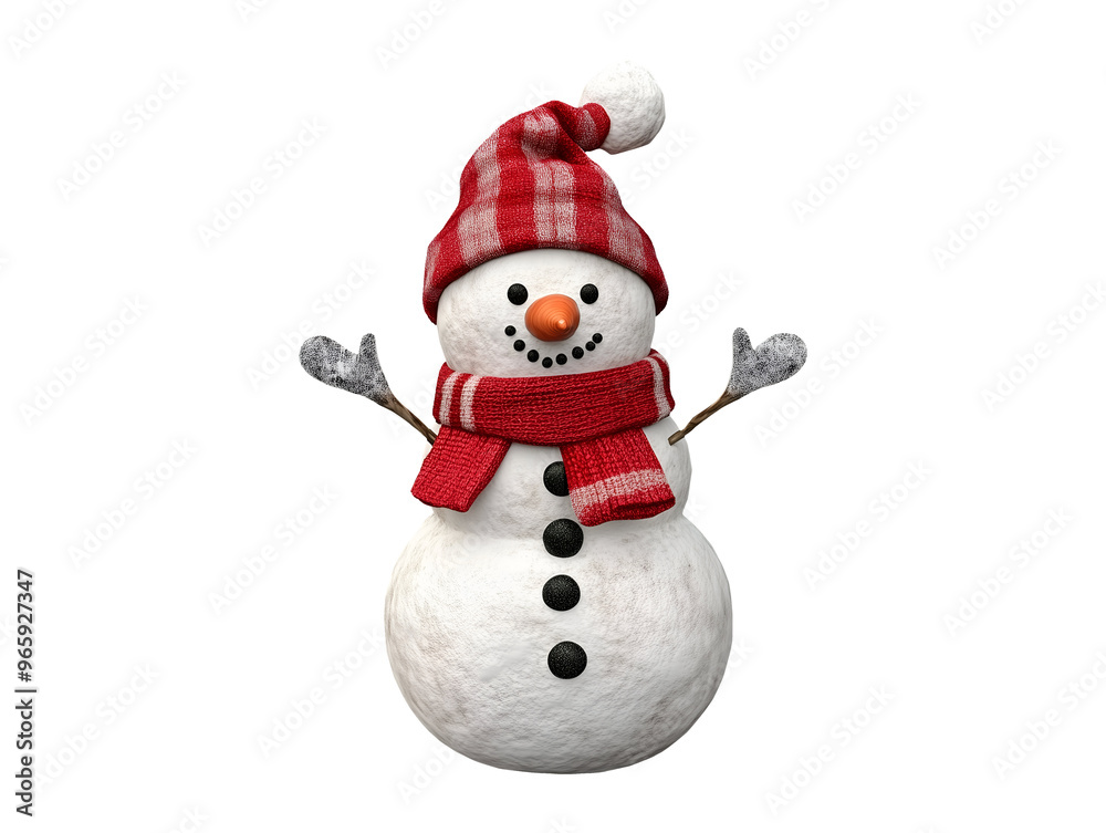 Snowman with striped hat and red scarf isolated on transparent or white background Snowman with striped hat and red scarf isolated on transparent or white background