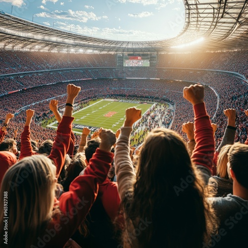 Excited fans with their arms raised during a game at a packed stadium. photo