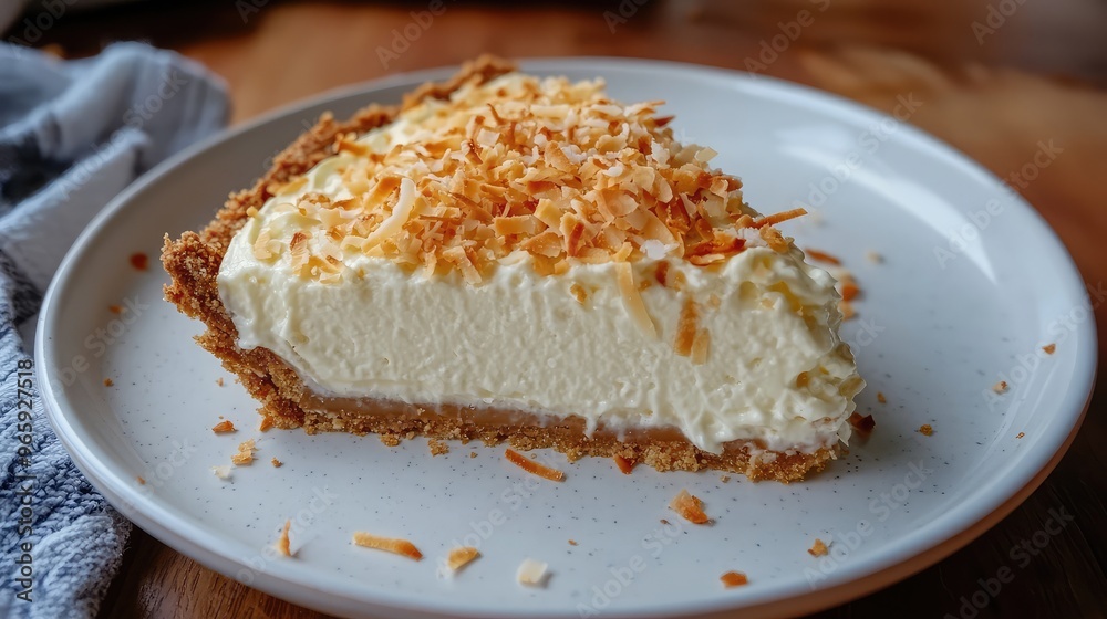 A decadent slice of coconut cream pie with a golden graham cracker crust, topped with toasted coconut flakes and served on a white plate A decadent slice of coconut cream pie with a golden graham cracker crust, topped with toasted coconut flakes and served on a white plate