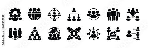 Organisation or organization management flat icon set. Containing teamwork, group people, hierarchy chart, company, department, connection, team, corporate, office. Vector illustration