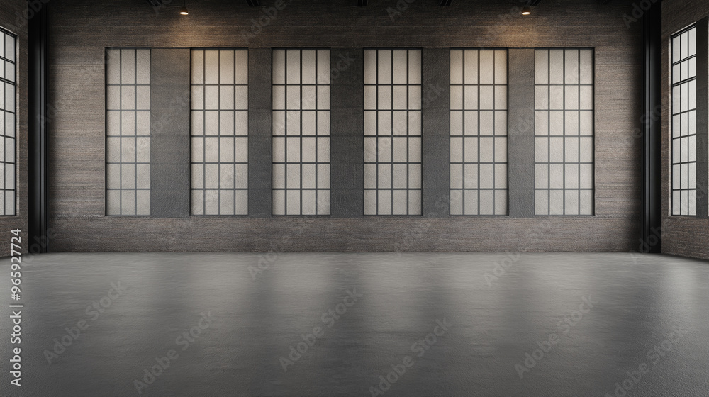 A large room with a lot of windows and a grey brick wall A large room with a lot of windows and a grey brick wall