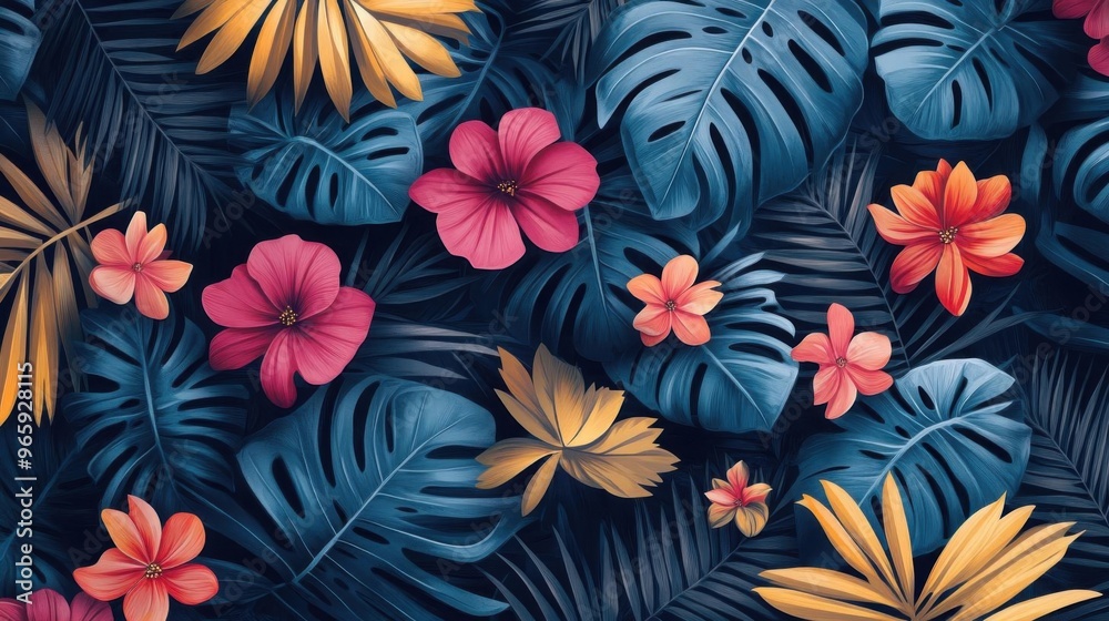 Tropical prints with palm leaves and bright flowers Tropical prints with palm leaves and bright flowers