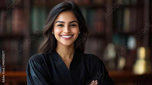 Indian Woman Judge - woman, library, smiling, confident, professional, black outfit, books, bookshelf, attorney, lawyer, judicial, legal, law, studious, indoors, working