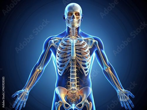 Human Skeletal System Medical Illustration Dark Blue Concept Anatomy Structure Bones Organs Systems photo