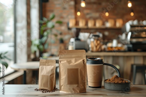 Cozy Coffee Shop Interior with Product Display and Eco-Friendly Packaging photo