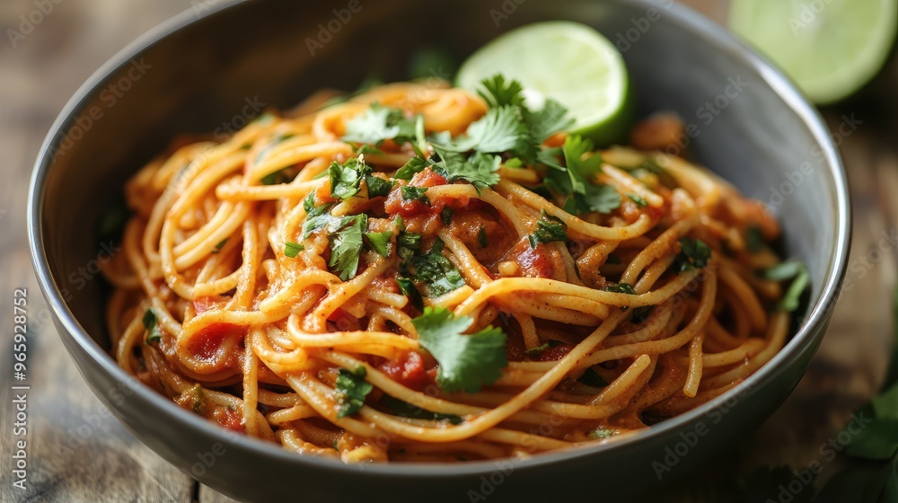 A dish of curry spaghetti, with pasta tossed in a rich Indian curry sauce, topped with fresh cilantro and lime A dish of curry spaghetti, with pasta tossed in a rich Indian curry sauce, topped with fresh cilantro and lime