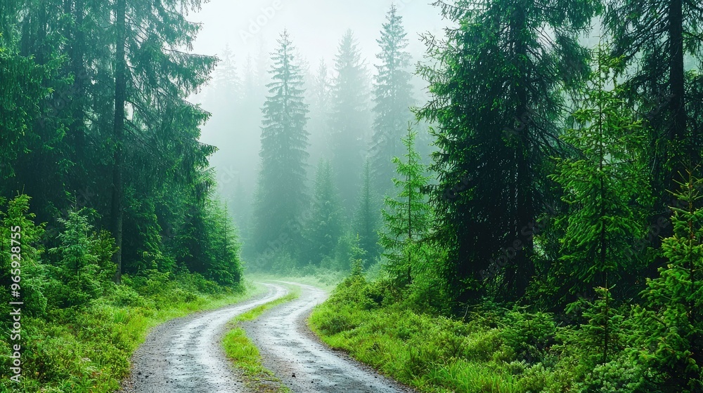 Serene Morning Fog Enveloping a Forest Road with Pine Trees, Creating a Mystical Atmosphere of Tranquility and Nature's Beauty in the Early Light. Serene Morning Fog Enveloping a Forest Road with Pine Trees, Creating a Mystical Atmosphere of Tranquility and Nature's Beauty in the Early Light.