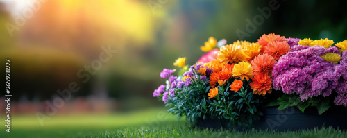 A vibrant flower bed with colorful flowers in full bloom, set against a green garden background in soft light. photo