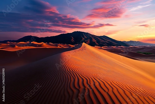 Spiritual energy rising from a desert at dusk as the sky turns pink and orange, creating a vast and peaceful expanse photo