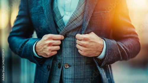 Businessman luxury style. Men style.correct button on jacket, hands close-up, dressing, man's style, stylish man.Fashion portrait of young businessman handsome model man in casual cloth suit.