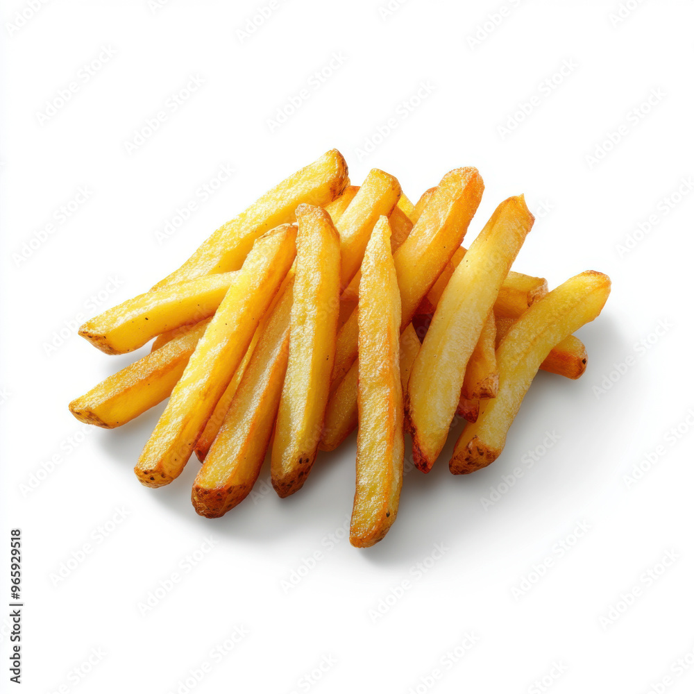 A stack of golden, crispy French fries, isolated against a white background, highlighting their texture and appetizing appearance. A stack of golden, crispy French fries, isolated against a white background, highlighting their texture and appetizing appearance.