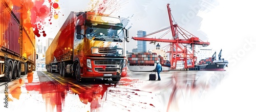 Cargo Truck and Ship in Harbor with Cranes