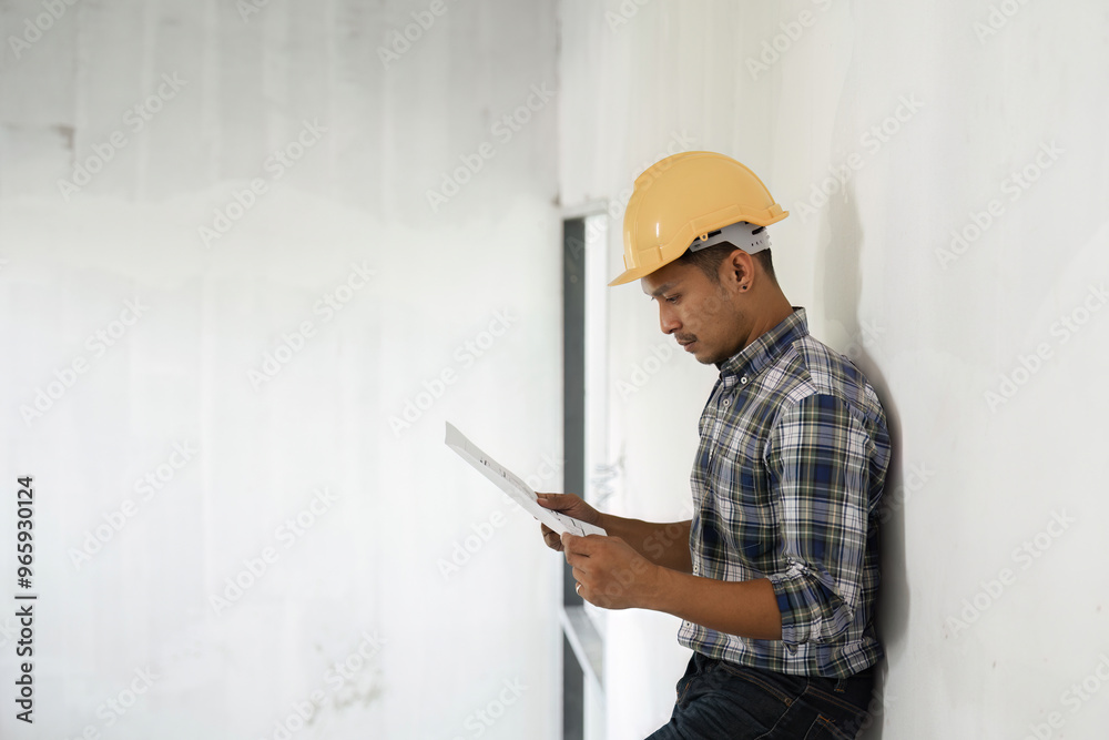 Confident Young Engineer Planning Work in Modern Construction Site with Blueprints and Safety Gear Confident Young Engineer Planning Work in Modern Construction Site with Blueprints and Safety Gear