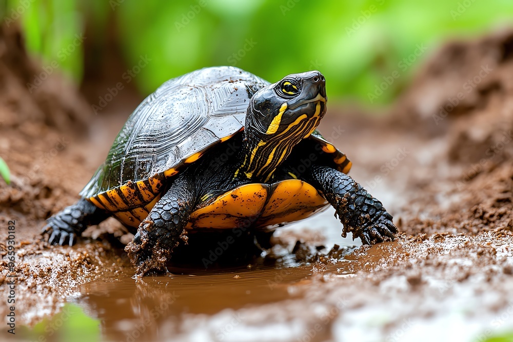 Turtle crawling through a muddy riverbank, its shell covered in dirt as it searches for food or a place to rest Turtle crawling through a muddy riverbank, its shell covered in dirt as it searches for food or a place to rest