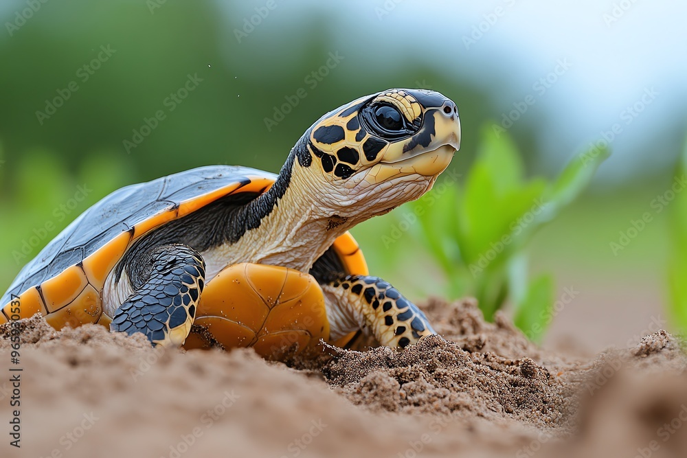Obraz premium Turtle digging a nest in the soft sand, preparing for the next generation as it follows its natural instincts