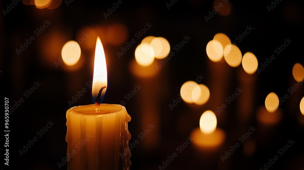 Candles Burning at Night. White Candles Burning in the Dark with focus on single candle in foreground