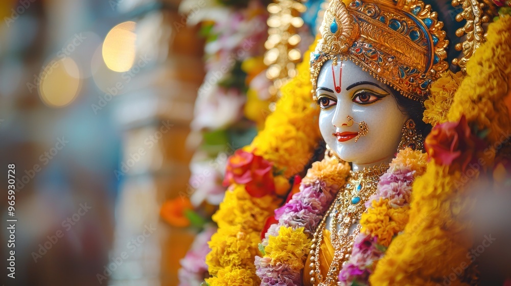 Goddess Laxmi portrait LAKSHMI Beautiful Hindu goddess with golden lotus and colorful flower garlands, holy face with happy smile, wearing yellow dress with red border on chest, full body with detaile Goddess Laxmi portrait LAKSHMI Beautiful Hindu goddess with golden lotus and colorful flower garlands, holy face with happy smile, wearing yellow dress with red border on chest, full body with detaile