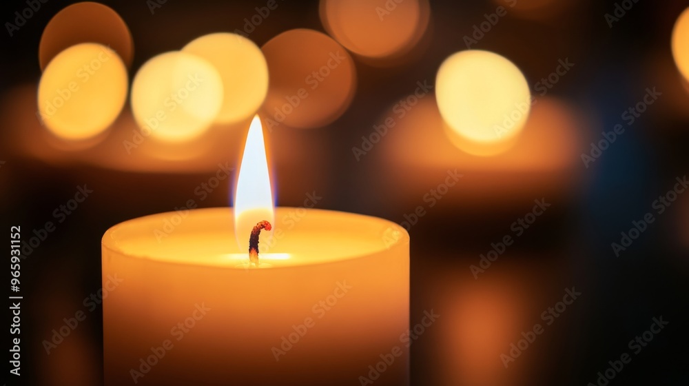 Candles Burning at Night. White Candles Burning in the Dark with focus on single candle in foreground Candles Burning at Night. White Candles Burning in the Dark with focus on single candle in foreground