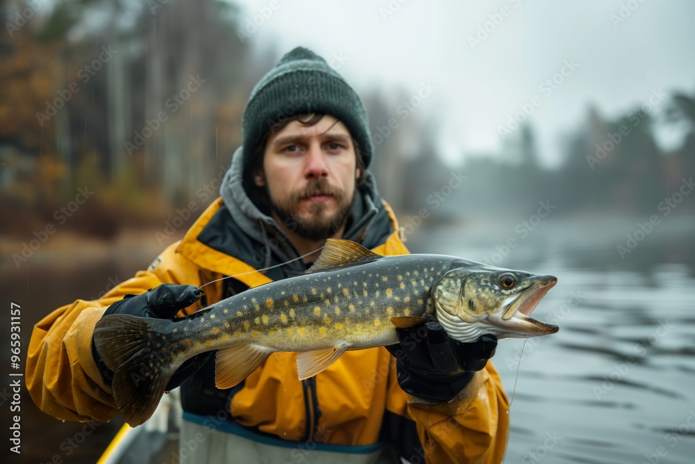 A proud fisherman displays his impressive catch of the day on a misty river in serene autumn hues A proud fisherman displays his impressive catch of the day on a misty river in serene autumn hues