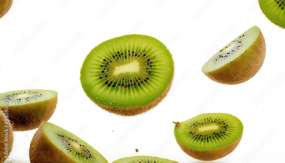 Fototapeta premium Kiwi slices on a green background,no people, photography, color image, studio shot, kiwi fruit, horizontal, freshness, healthy eating, healthy lifestyle, fruit, slice of food, biology, 8456+