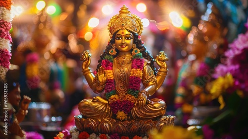 Goddess Laxmi portrait LAKSHMI Beautiful Hindu goddess with golden lotus and colorful flower garlands, holy face with happy smile, wearing yellow dress with red border on chest, full body with detaile