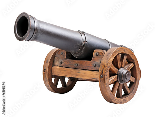 Antique cannon on wooden wheels isolated on transparent or white background photo