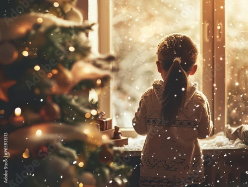 child decorating sentient christmas tree ornaments magically floating warm fireplace glow snowflakes drifting through open window cozy hygge atmosphere