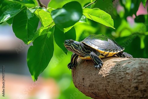 Turtle resting in the shade of a tree, seeking refuge from the heat of the midday sun in a cool, quiet spot photo