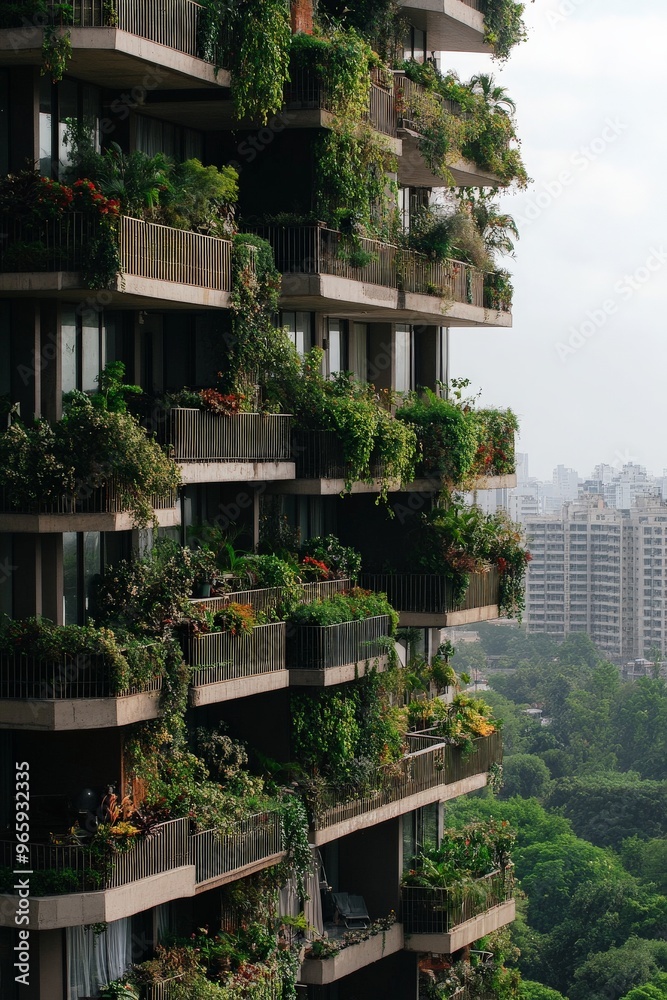 Fototapeta premium Urban Green Oasis on High-Rise Apartment Balconies