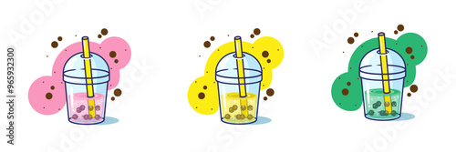 Set of bubble boba milk tea illustration cartoon design, pink orange and green 