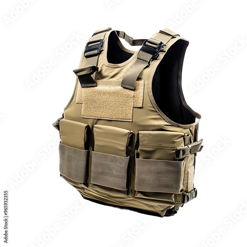 Tan tactical vest with multiple pockets and adjustable straps. photo