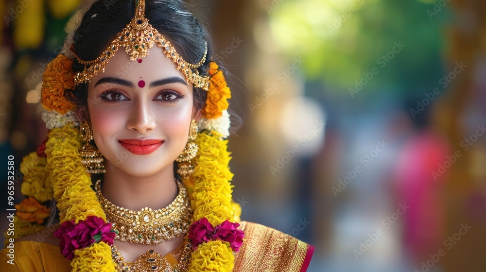Goddess Laxmi portrait LAKSHMI Beautiful Hindu goddess with golden lotus and colorful flower garlands, holy face with happy smile, wearing yellow dress with red border on chest, full body with detaile Goddess Laxmi portrait LAKSHMI Beautiful Hindu goddess with golden lotus and colorful flower garlands, holy face with happy smile, wearing yellow dress with red border on chest, full body with detaile