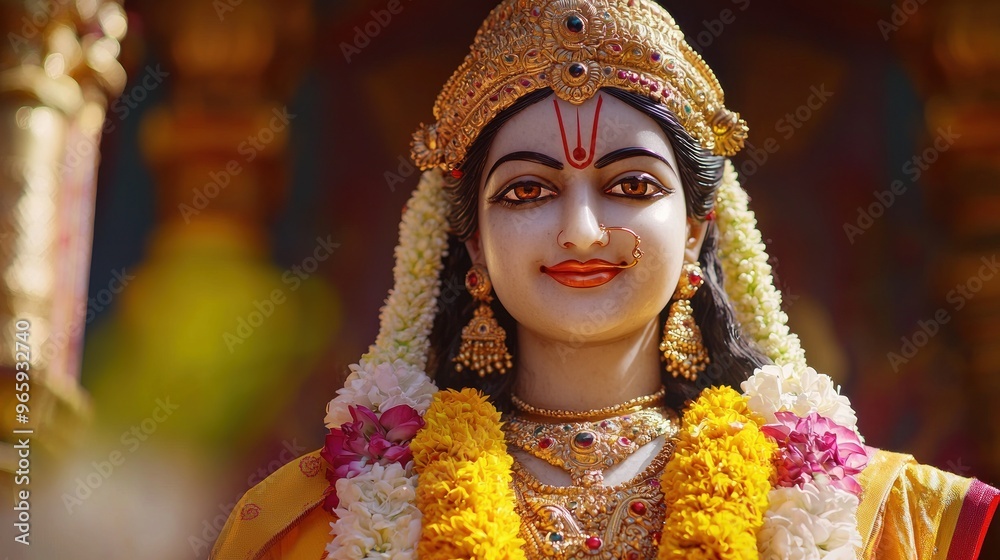 Goddess Laxmi portrait LAKSHMI Beautiful Hindu goddess with golden lotus and colorful flower garlands, holy face with happy smile, wearing yellow dress with red border on chest, full body with detaile Goddess Laxmi portrait LAKSHMI Beautiful Hindu goddess with golden lotus and colorful flower garlands, holy face with happy smile, wearing yellow dress with red border on chest, full body with detaile