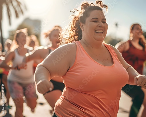 Overweight Woman Engaging in a Fun and Energetic Class Capturing the Excitement and Social Aspects of Group Fitness