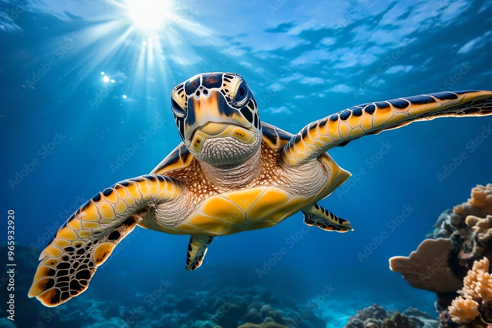 Obraz premium Turtle swimming gracefully through the coral reefs, navigating effortlessly through the vibrant underwater world