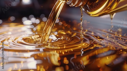 mesmerizing slowmotion capture of golden engine oil being poured glossy streams catching light automotive maintenance concept photo