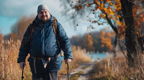 Overweight Person Enjoying Scenic Nature Walk with Walking Stick and Contentment