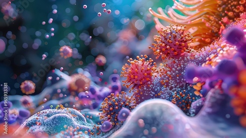 microscopic view of tumor microenvironment showcasing intricate interactions between cancer cells tcells nanoparticles and surrounding tissue rendered in stunning 3d detail photo