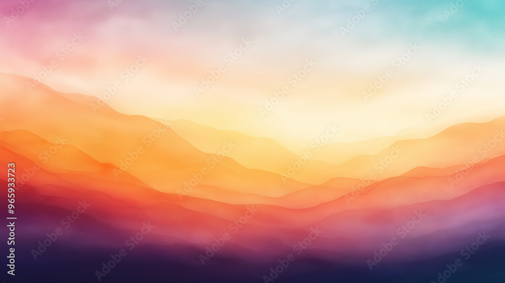 Obraz premium A colorful mountain range with a bright orange sun in the sky