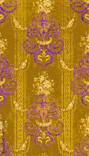 A vintage wallpaper pattern with a gold and purple floral design, reminiscent of Victorian era decor, with a grunge texture.